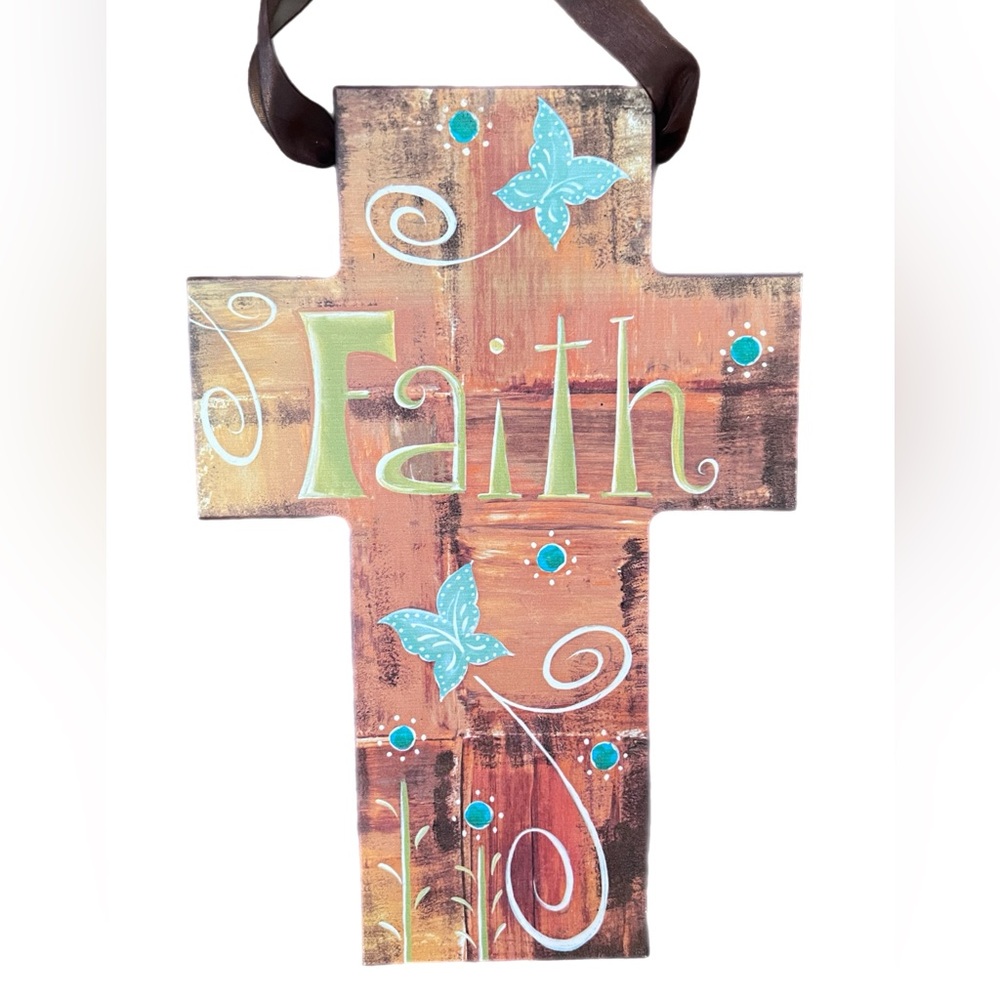 Deb Hrabik Faith Wall Cross with Blue and Brown Design